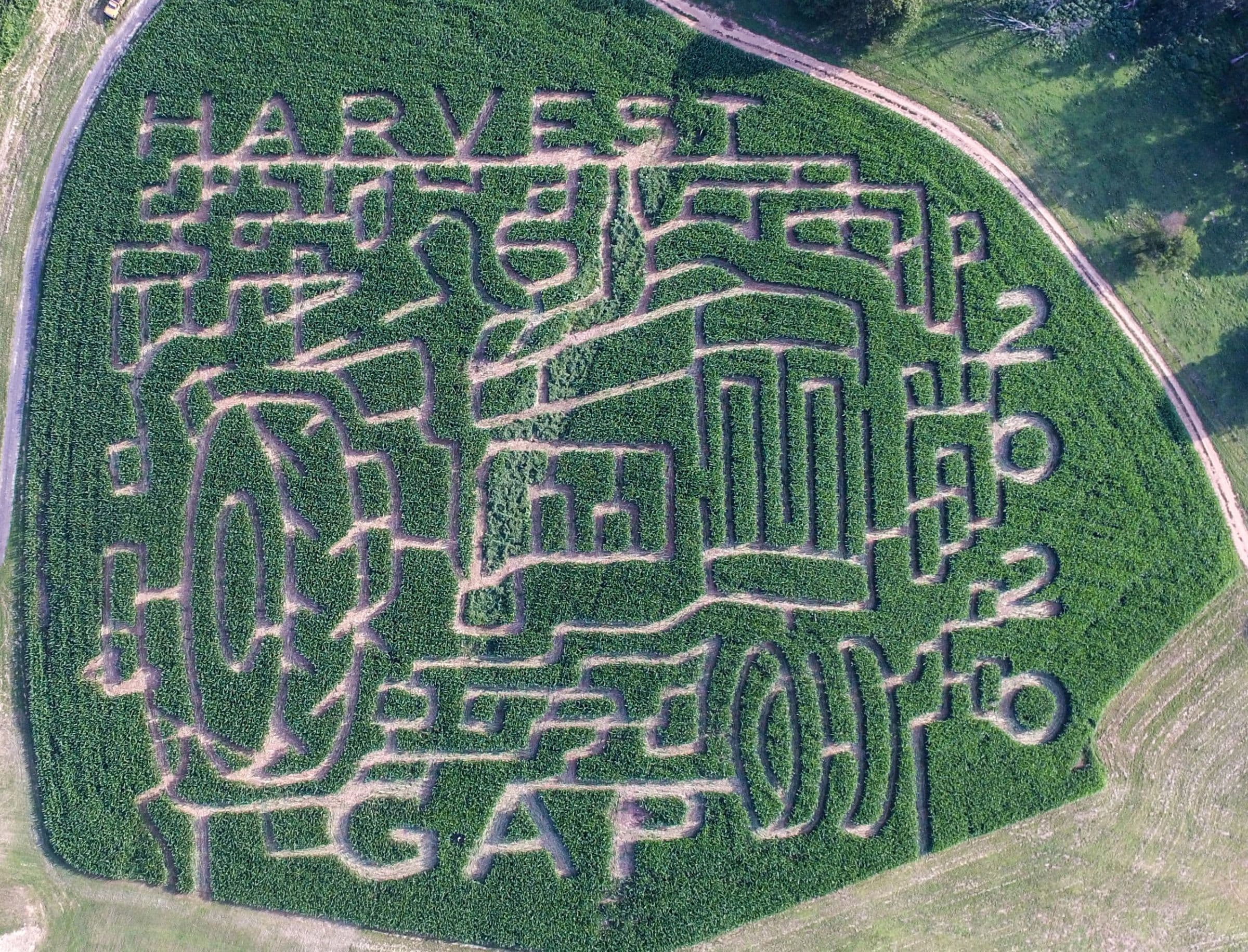 Aerial view of the corn maze, with Harvest Gap and a tractor cut into the field.